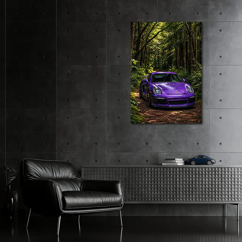 Purple Porsche Cayman Parked In Forest – Wall Art