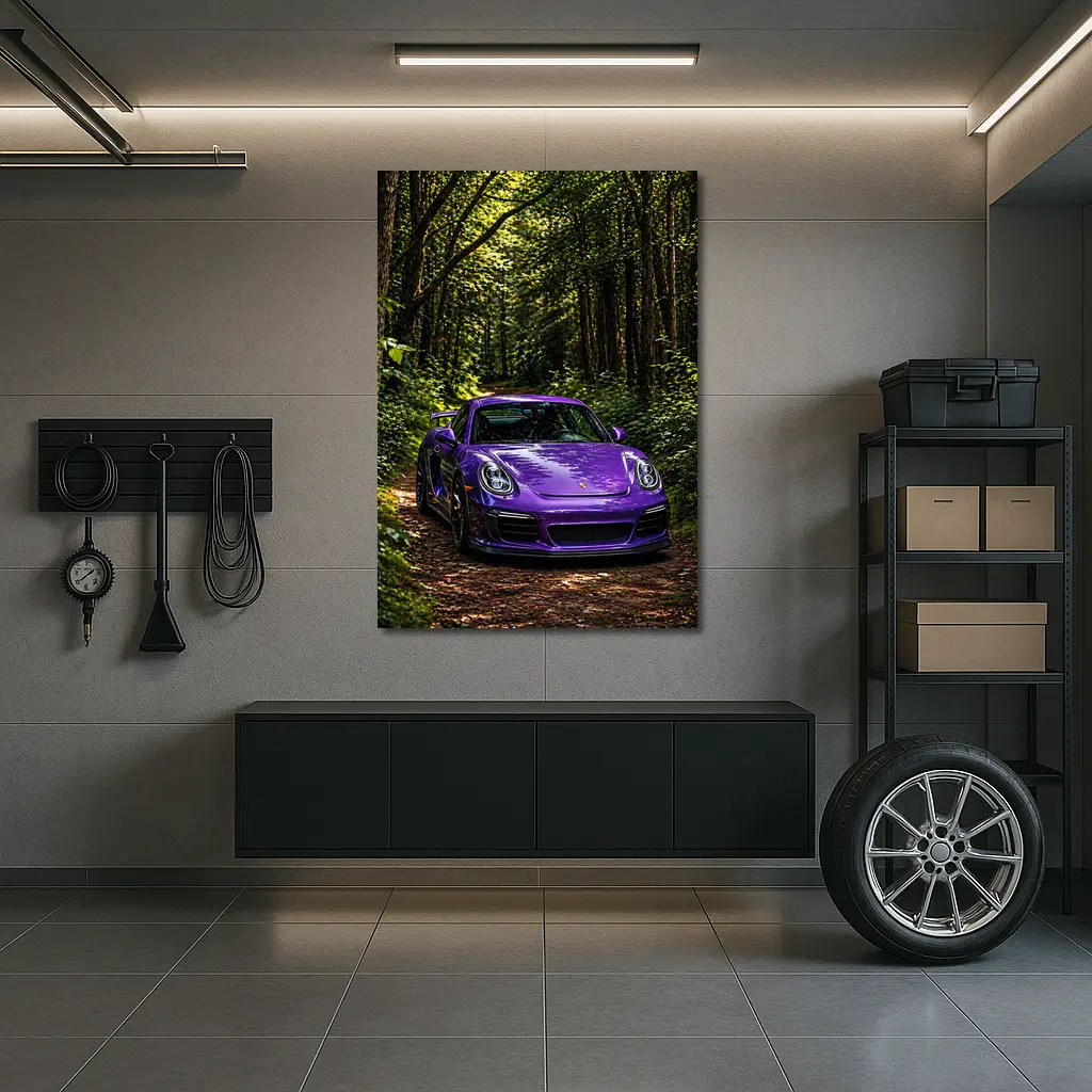 Purple Porsche Cayman Parked In Forest – Wall Art