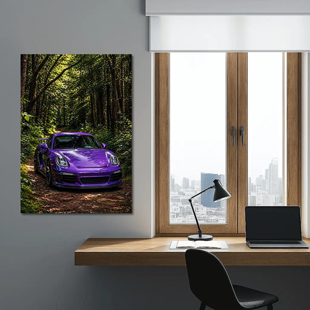 Purple Porsche Cayman Parked In Forest – Wall Art