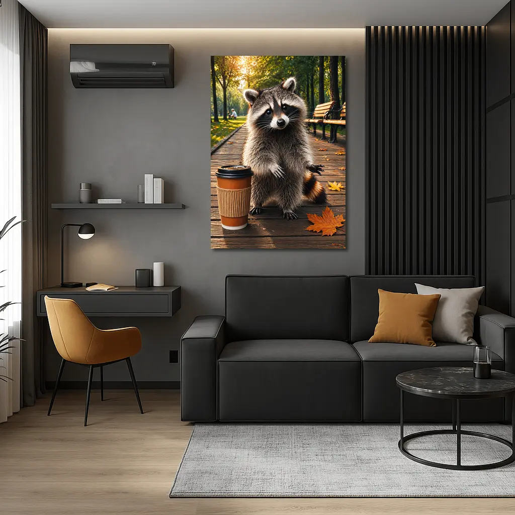 Raccoon With Coffee Cup Autumn Park – Wall Art