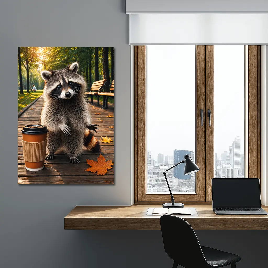 Raccoon With Coffee Cup Autumn Park – Wall Art