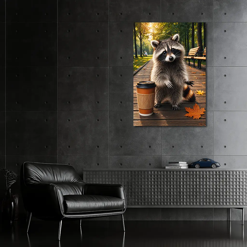 Raccoon With Coffee Cup Autumn Park – Wall Art