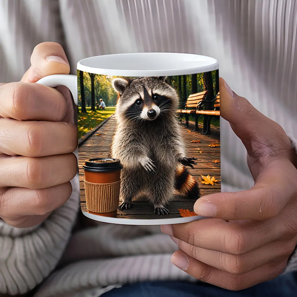 Raccoon With Coffee Cup Autumn Park – Mugs