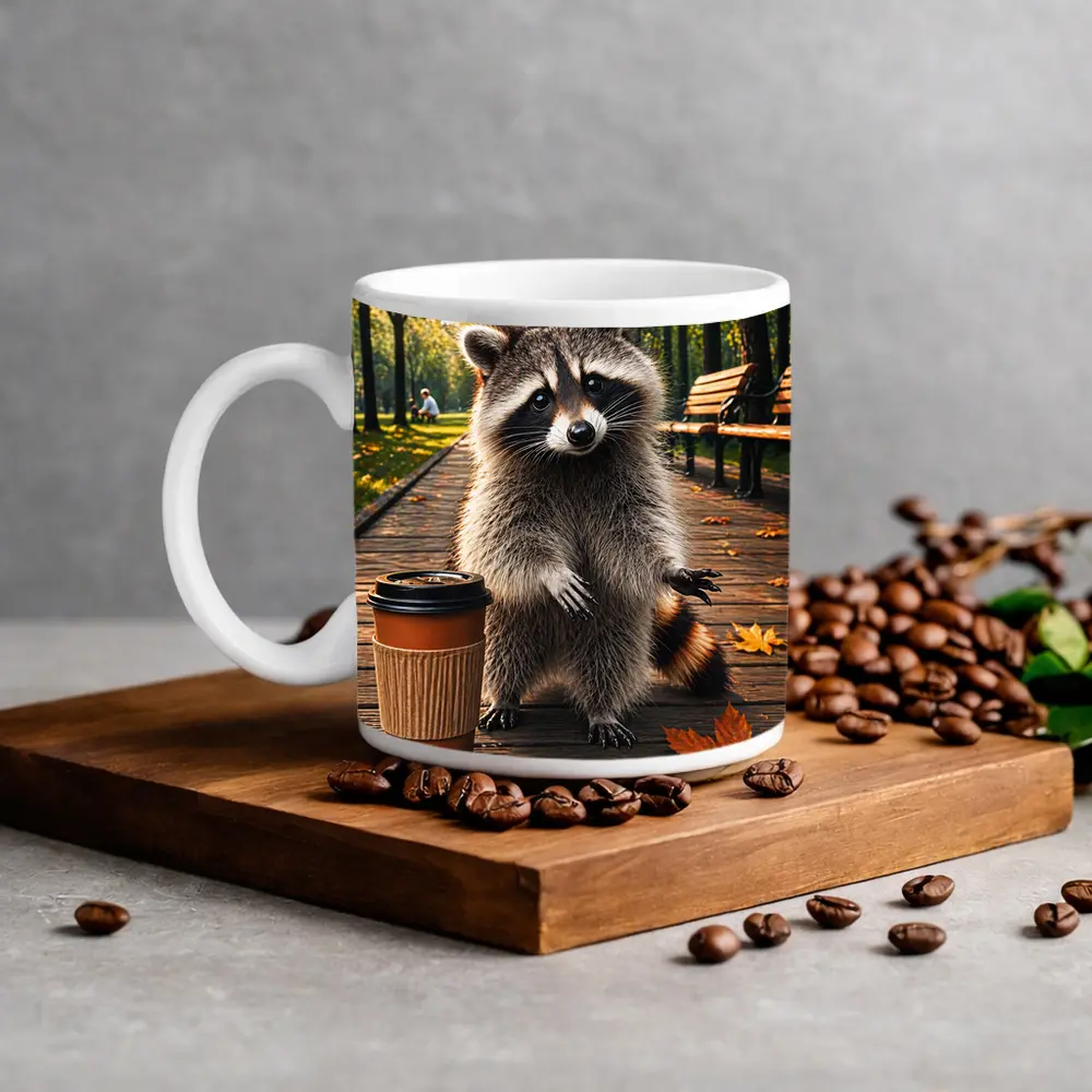 Raccoon With Coffee Cup Autumn Park – Mugs