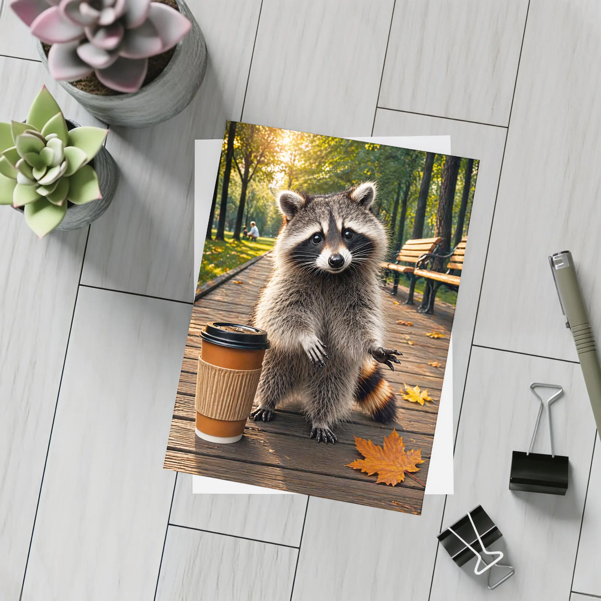 Raccoon With Coffee Cup Autumn Park – Postcards