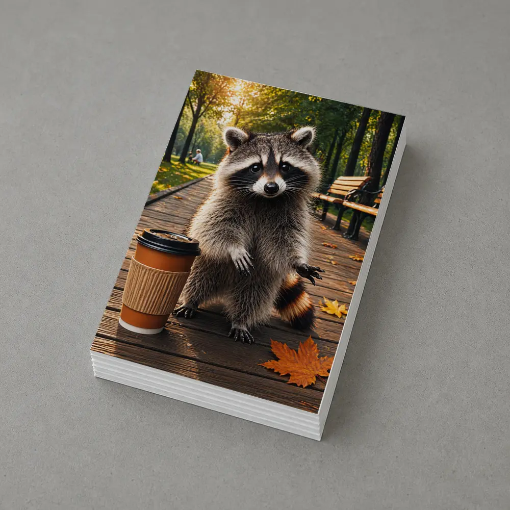 Raccoon With Coffee Cup Autumn Park – Postcards