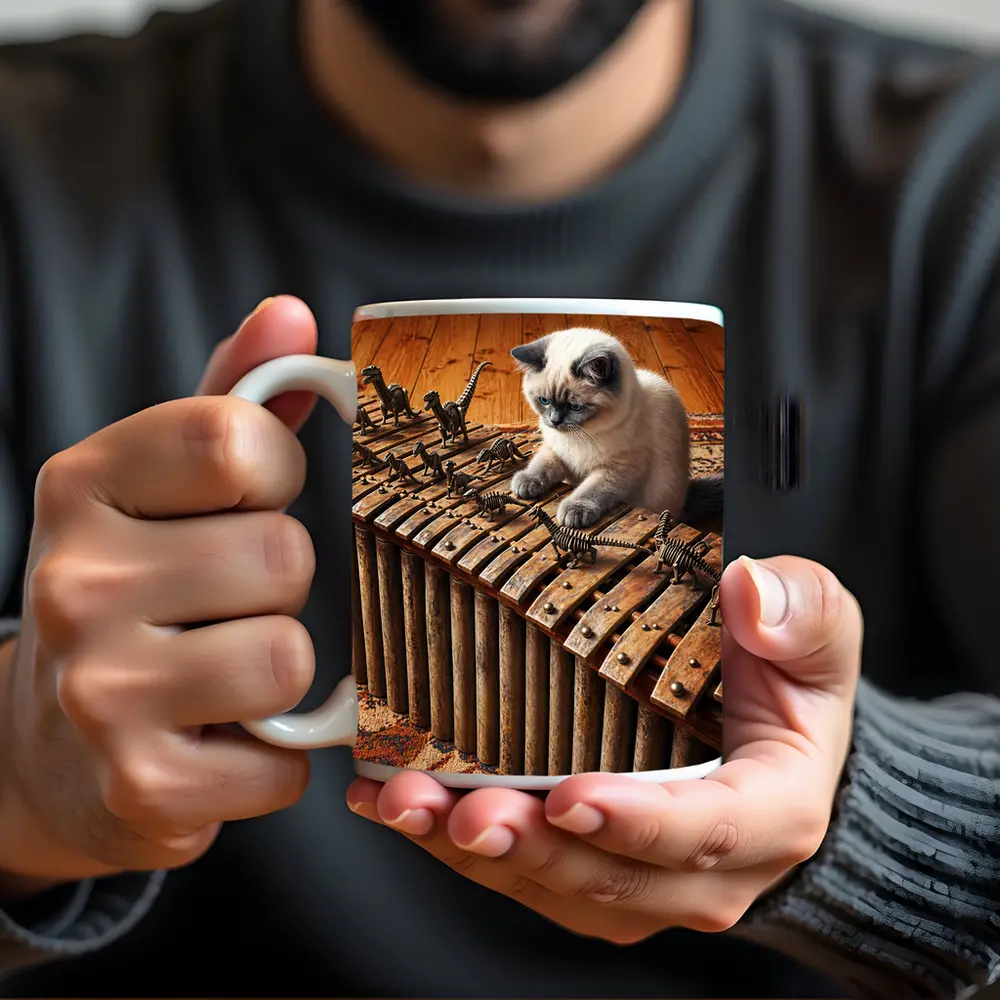 Ragdoll Cat Playing Dinosaur Bone Xylophone – Mugs
