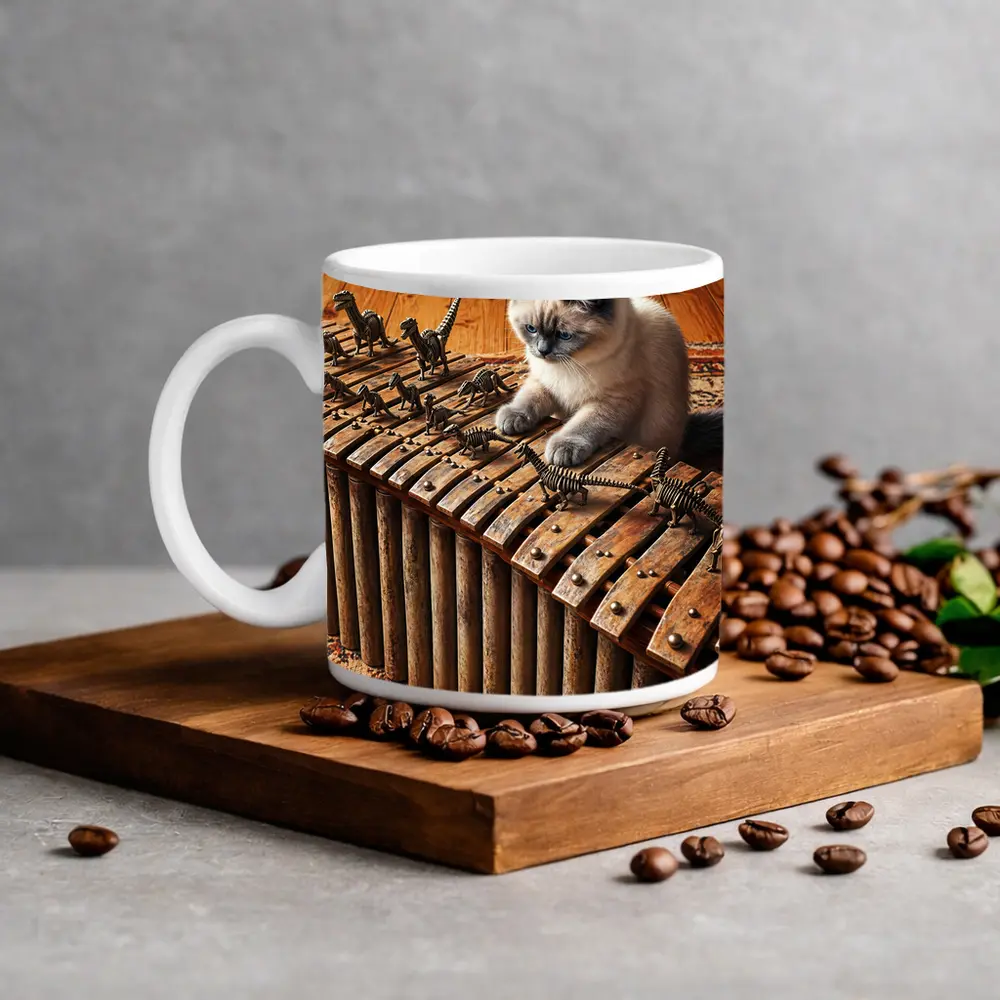 Ragdoll Cat Playing Dinosaur Bone Xylophone – Mugs