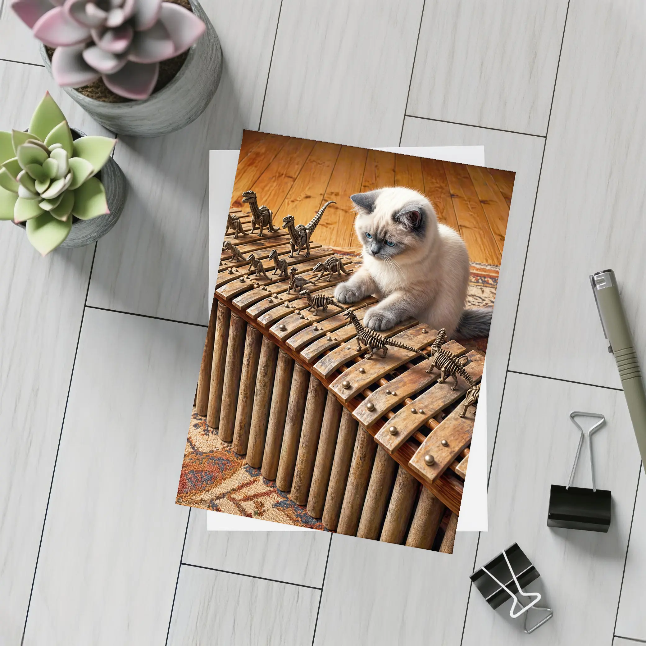 Ragdoll Cat Playing Dinosaur Bone Xylophone – Postcards
