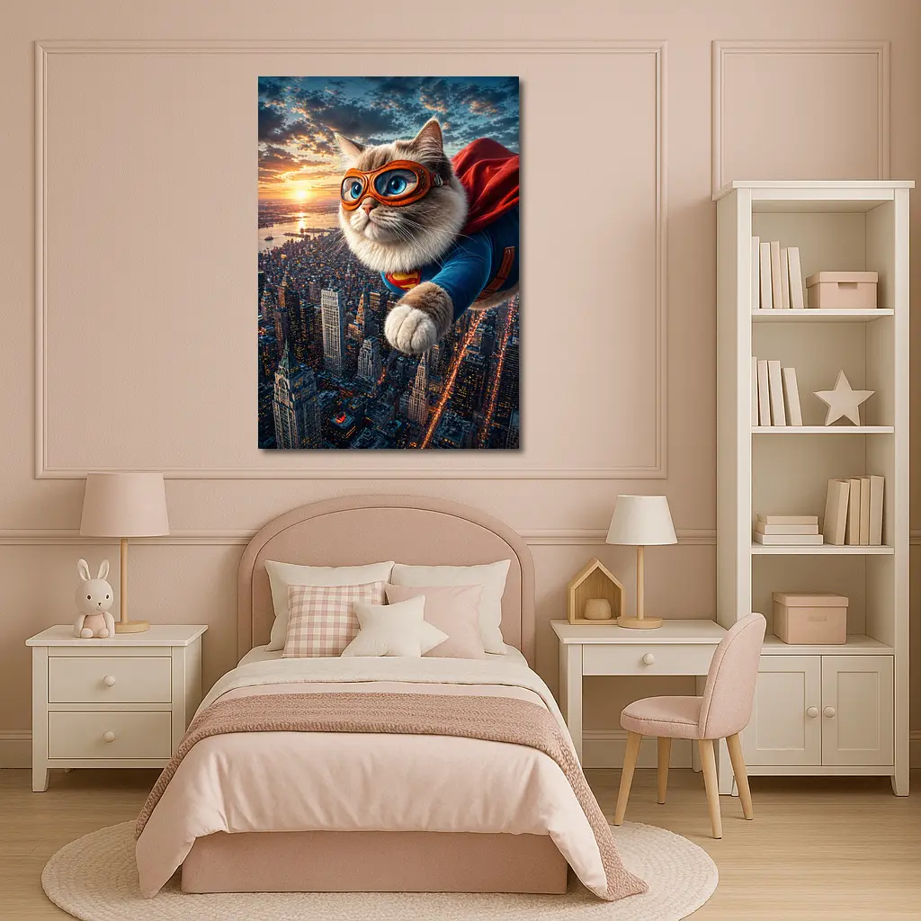 Ragdoll Superhero Cat Flying Over City – Wall Art
