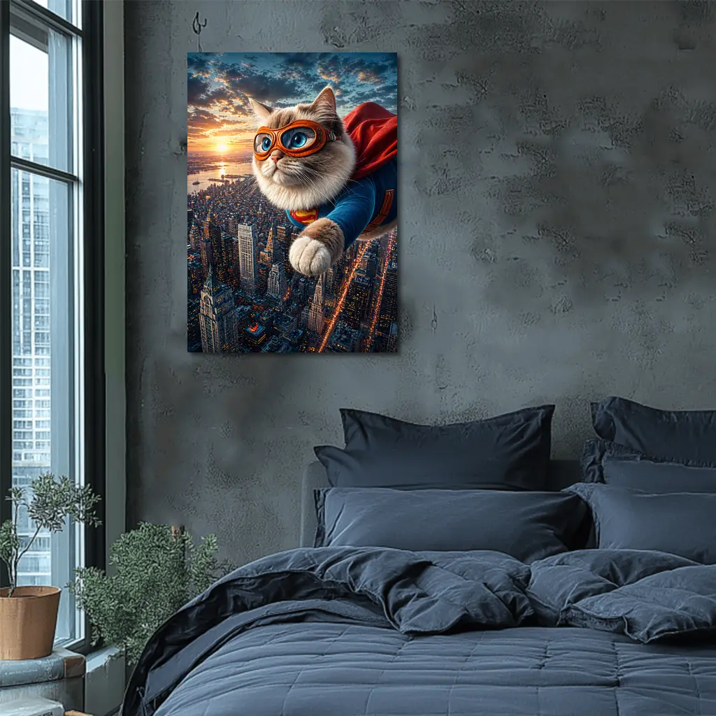 Ragdoll Superhero Cat Flying Over City – Wall Art