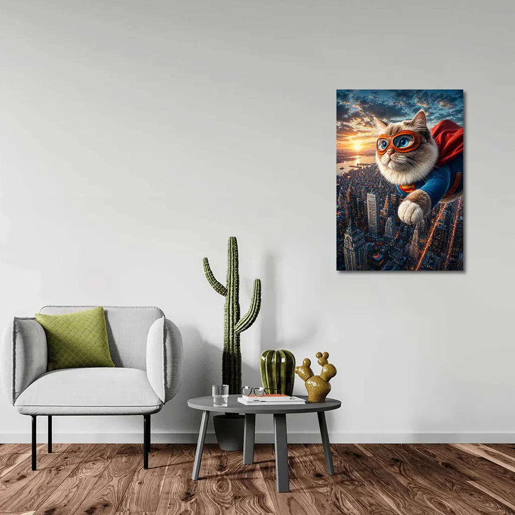 Ragdoll Superhero Cat Flying Over City – Wall Art