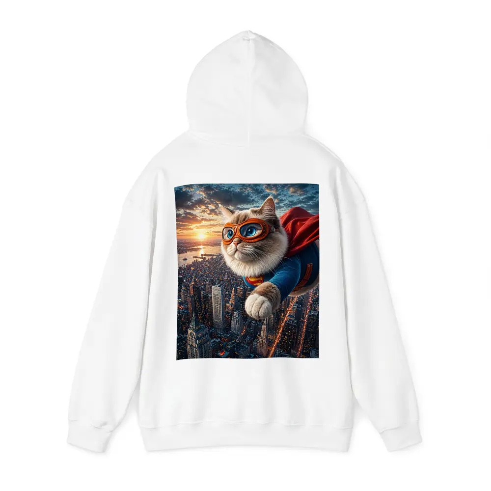 Ragdoll Superhero Cat Flying Over City – Hoodies