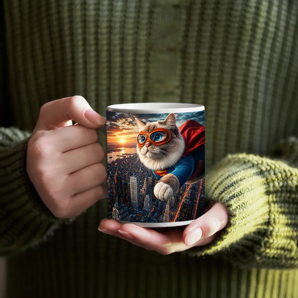 Ragdoll Superhero Cat Flying Over City – Mugs
