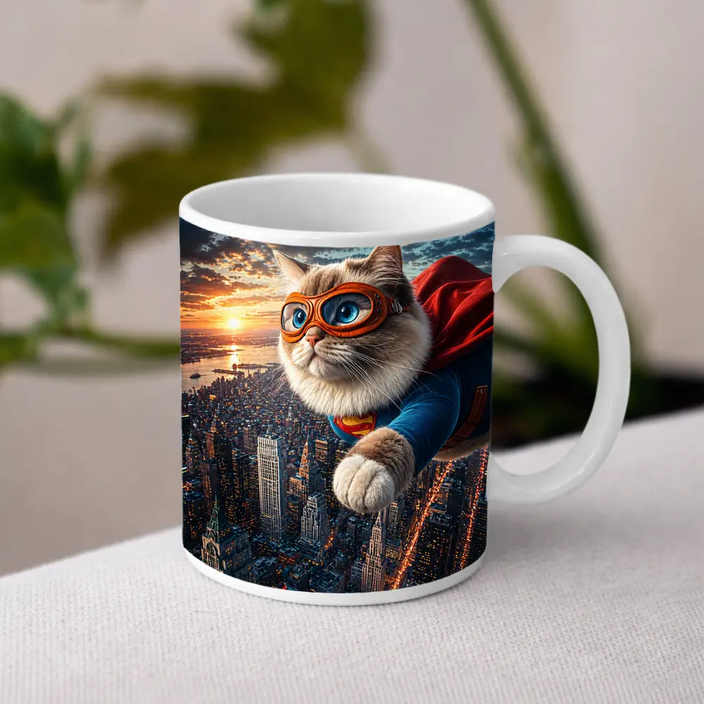 Ragdoll Superhero Cat Flying Over City – Mugs