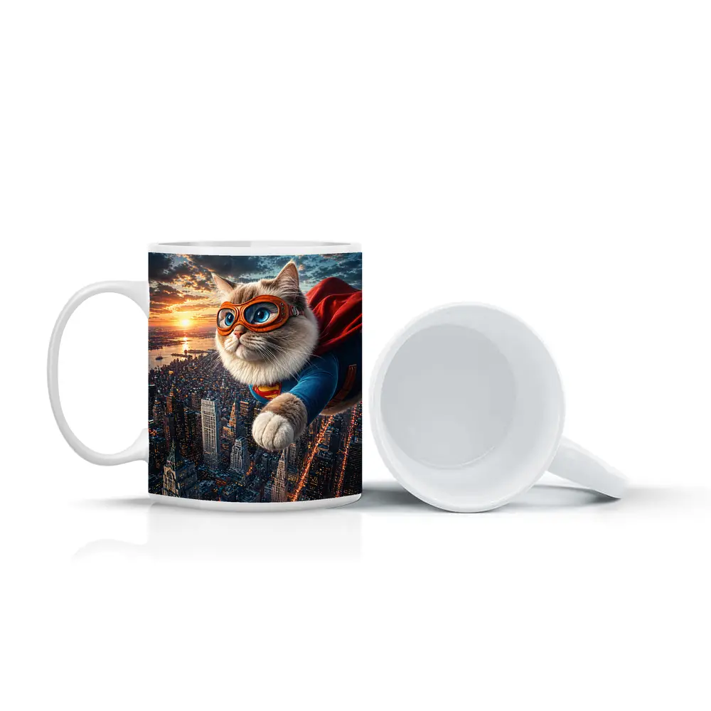 Ragdoll Superhero Cat Flying Over City – Mugs