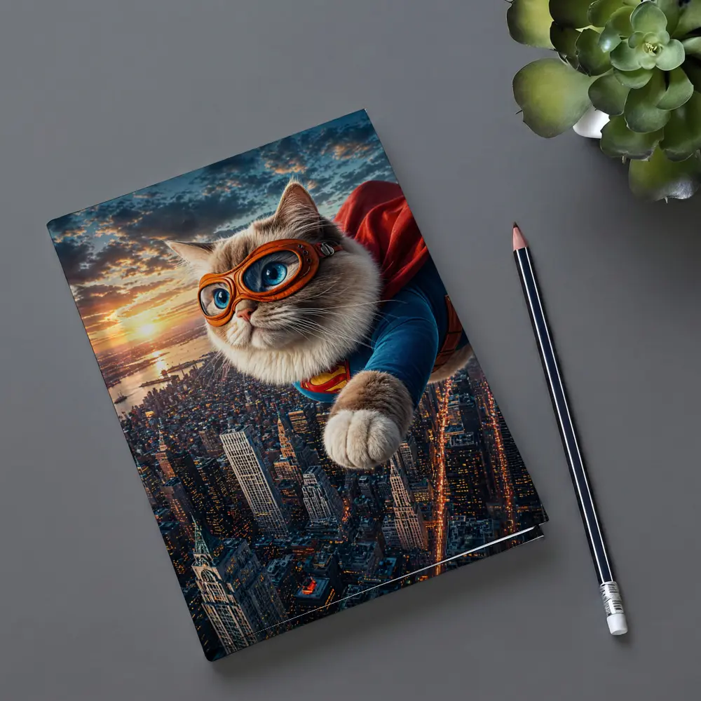 Ragdoll Superhero Cat Flying Over City – Notebooks