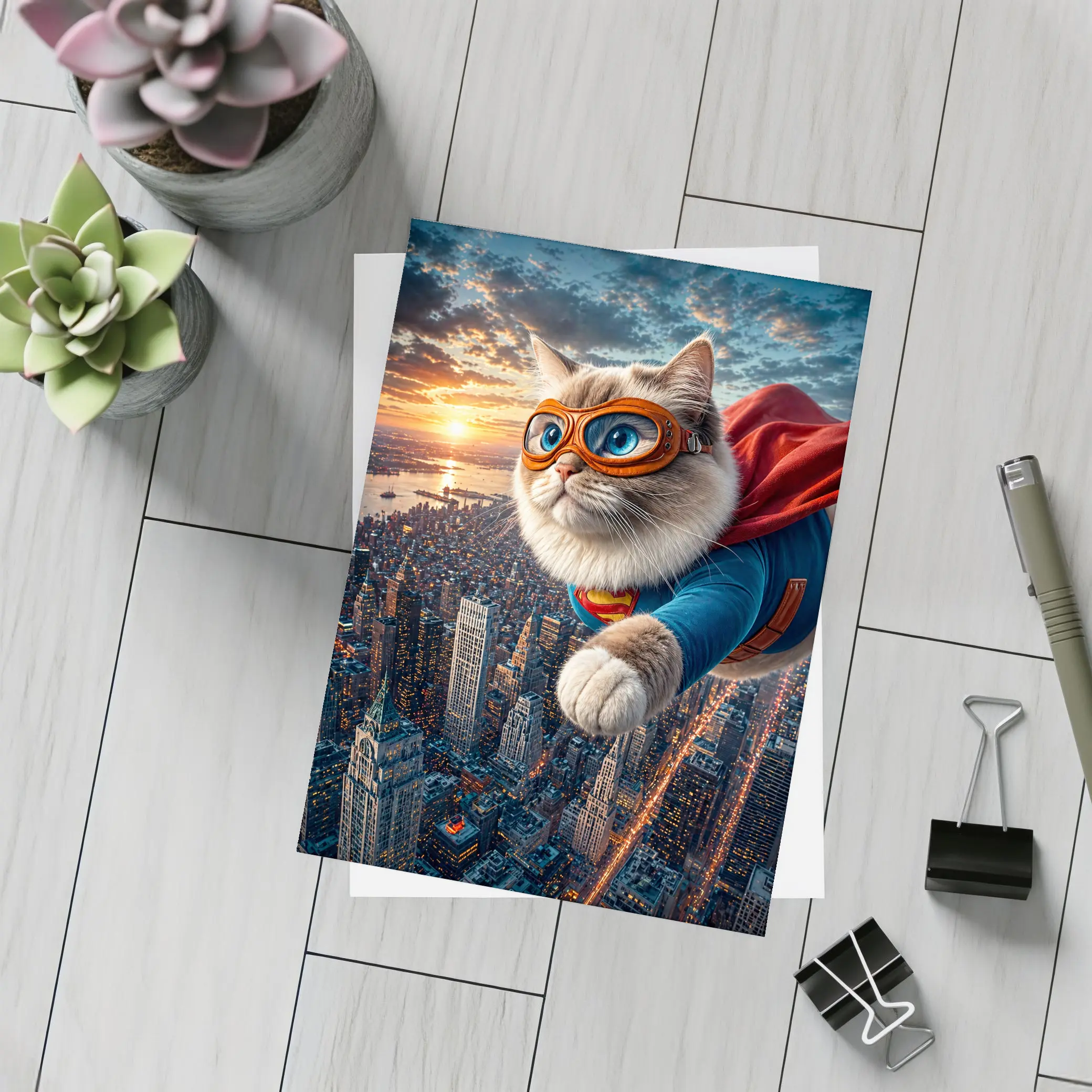 Ragdoll Superhero Cat Flying Over City – Postcards