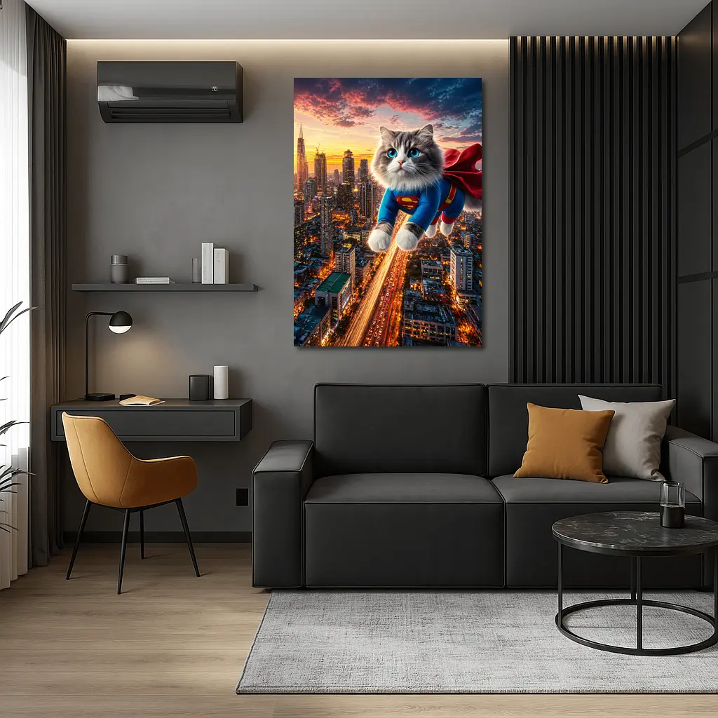 Ragdoll Cat Superman Suit Flying City – Wall Art