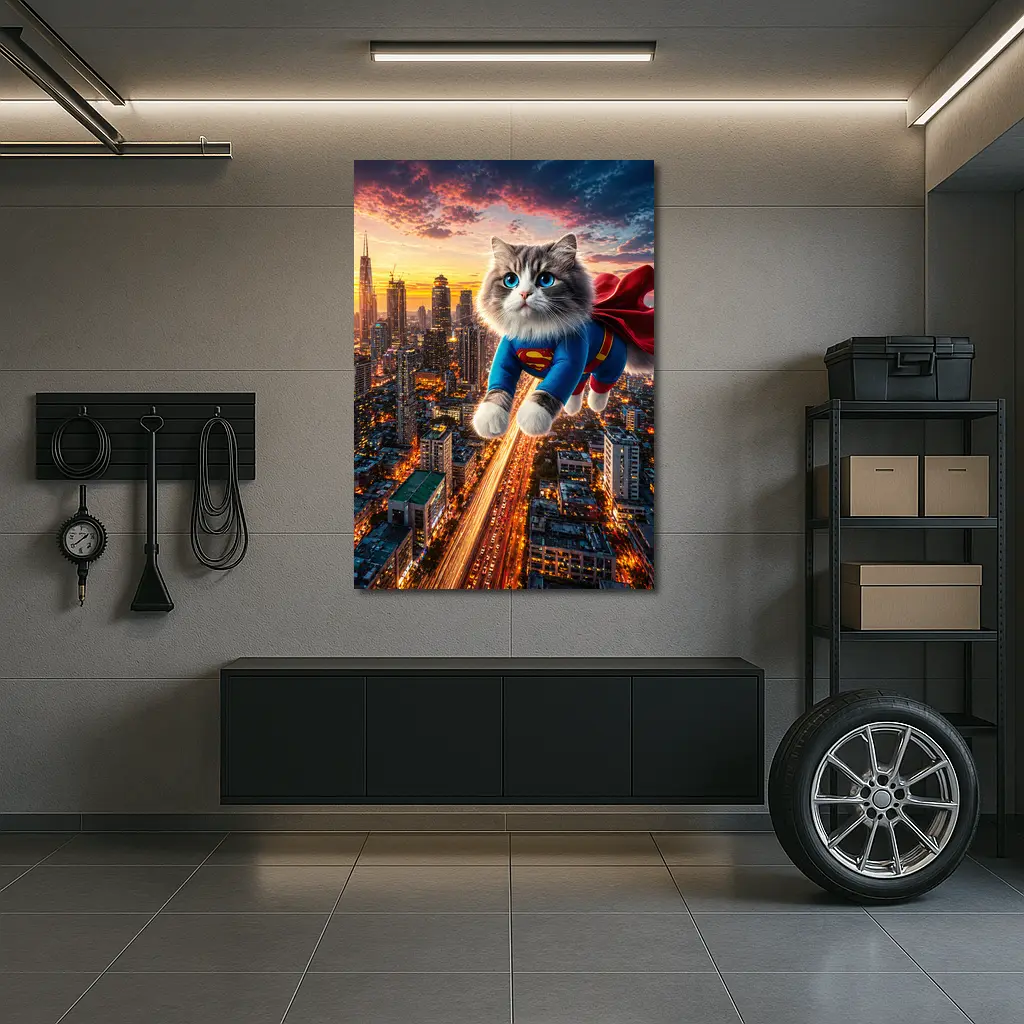 Ragdoll Cat Superman Suit Flying City – Wall Art