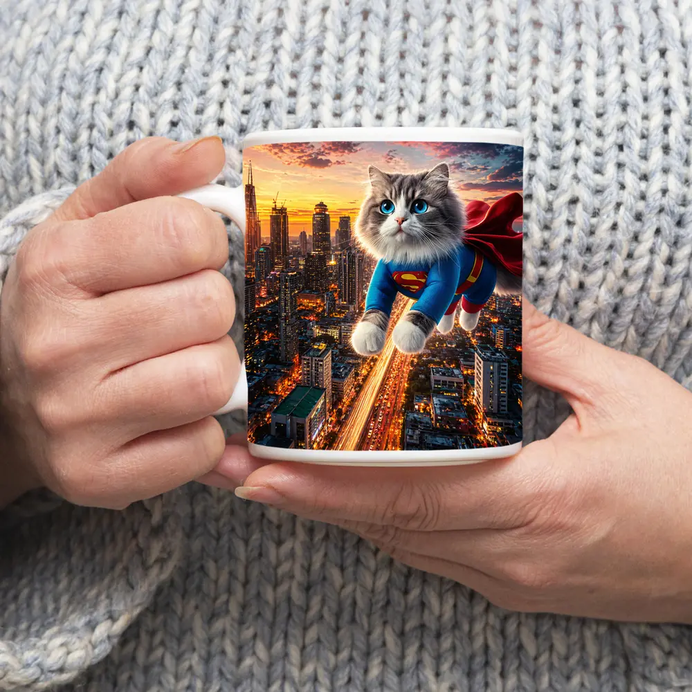 Ragdoll Cat Superman Suit Flying City – Mugs