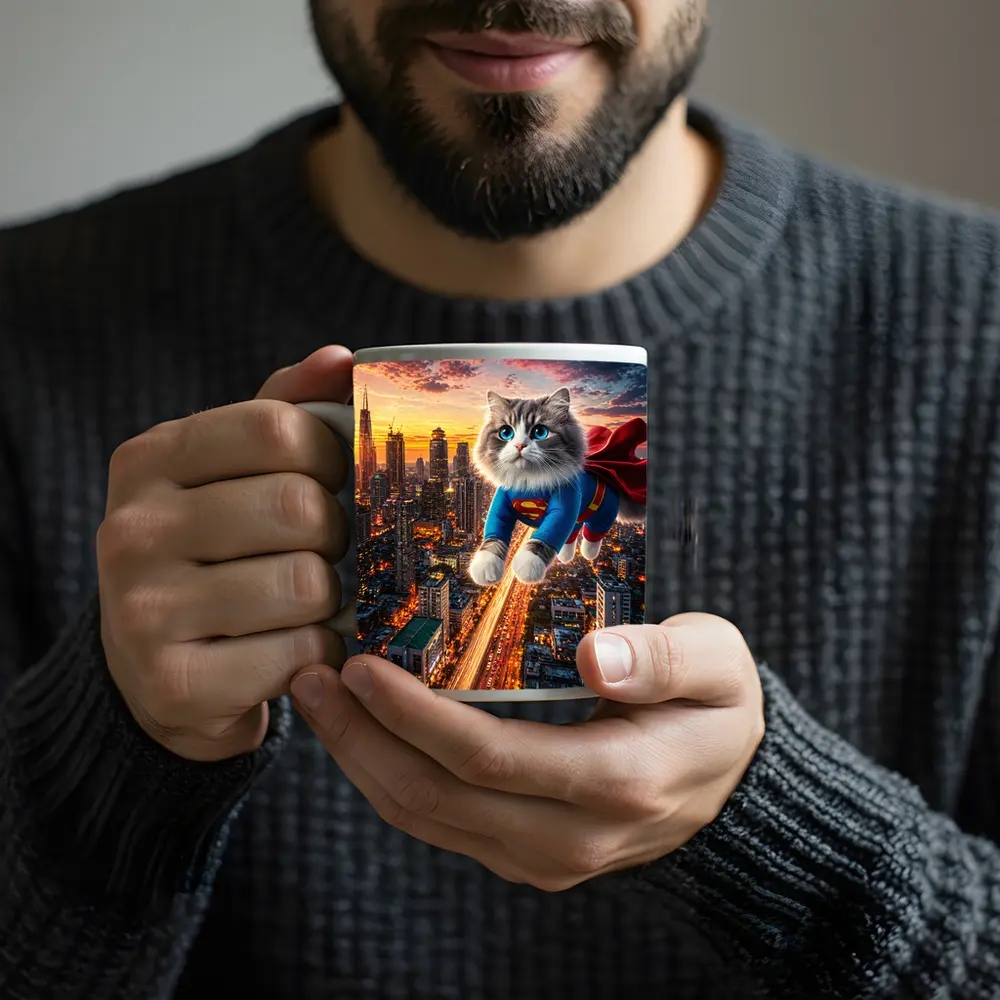 Ragdoll Cat Superman Suit Flying City – Mugs