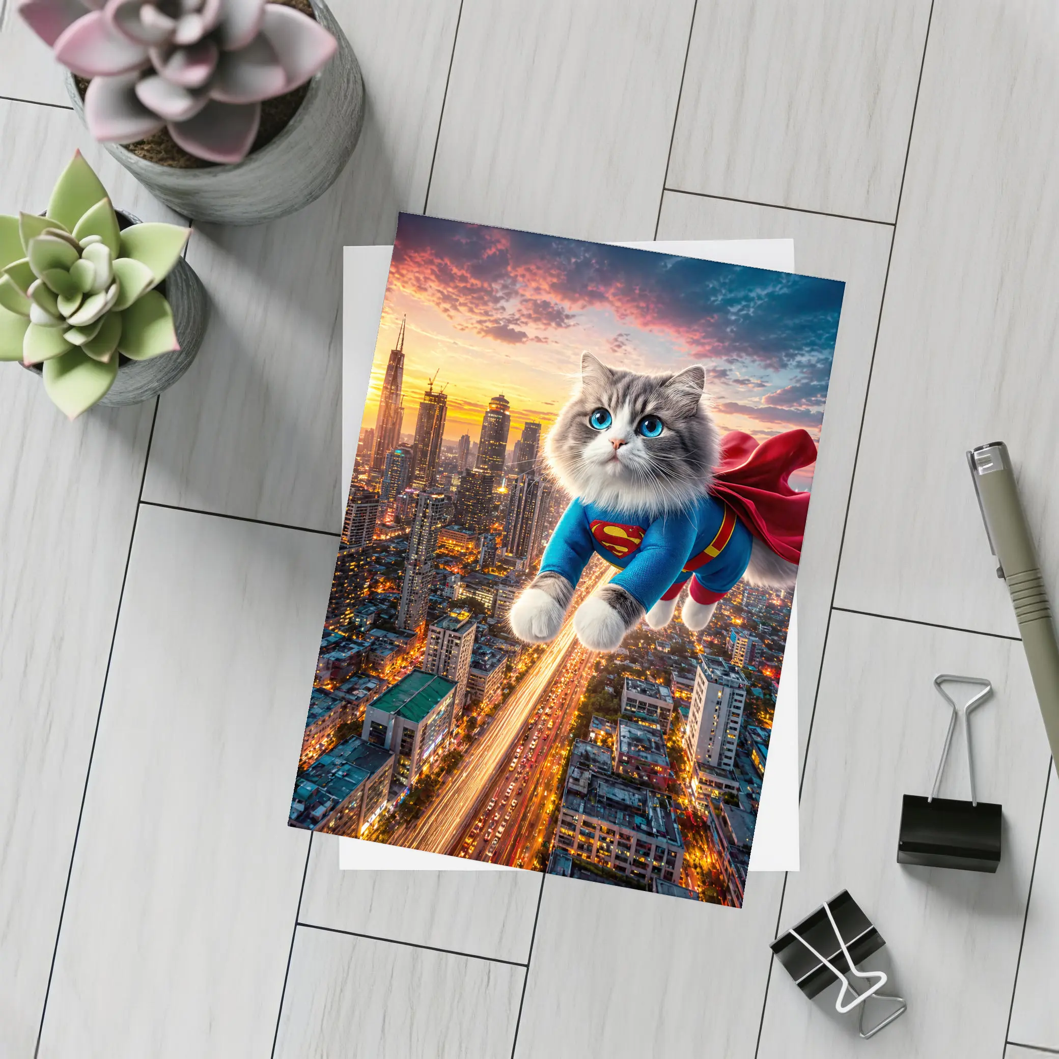 Ragdoll Cat Superman Suit Flying City – Postcards