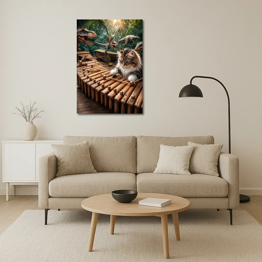Fluffy Cat Playing Xylophone With Dinosaurs – Wall Art