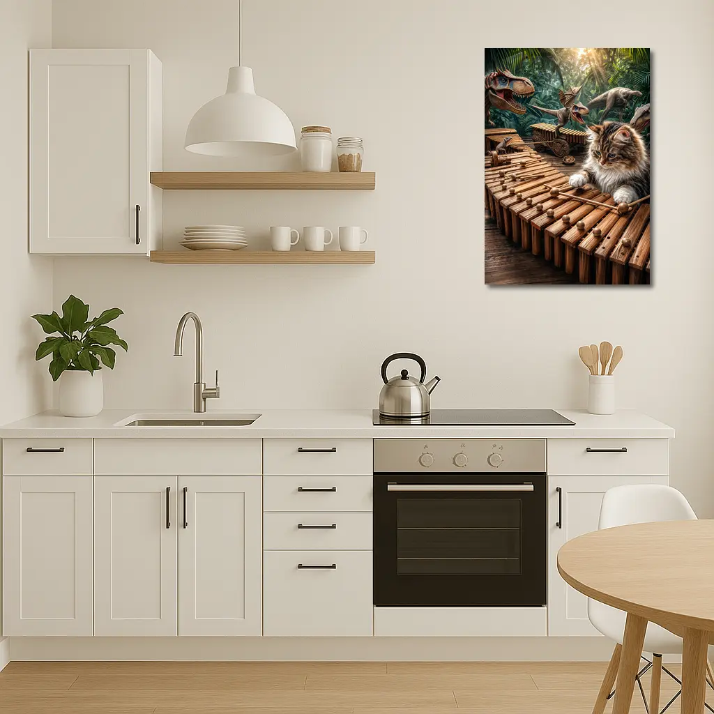 Fluffy Cat Playing Xylophone With Dinosaurs – Wall Art