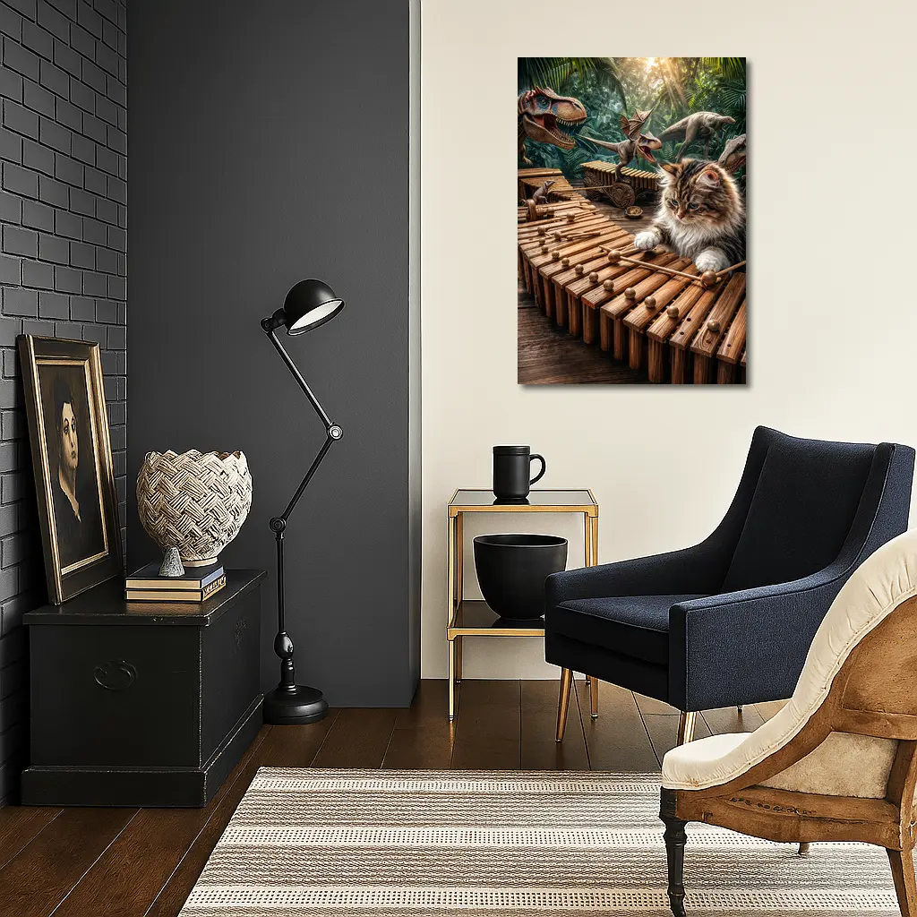 Fluffy Cat Playing Xylophone With Dinosaurs – Wall Art
