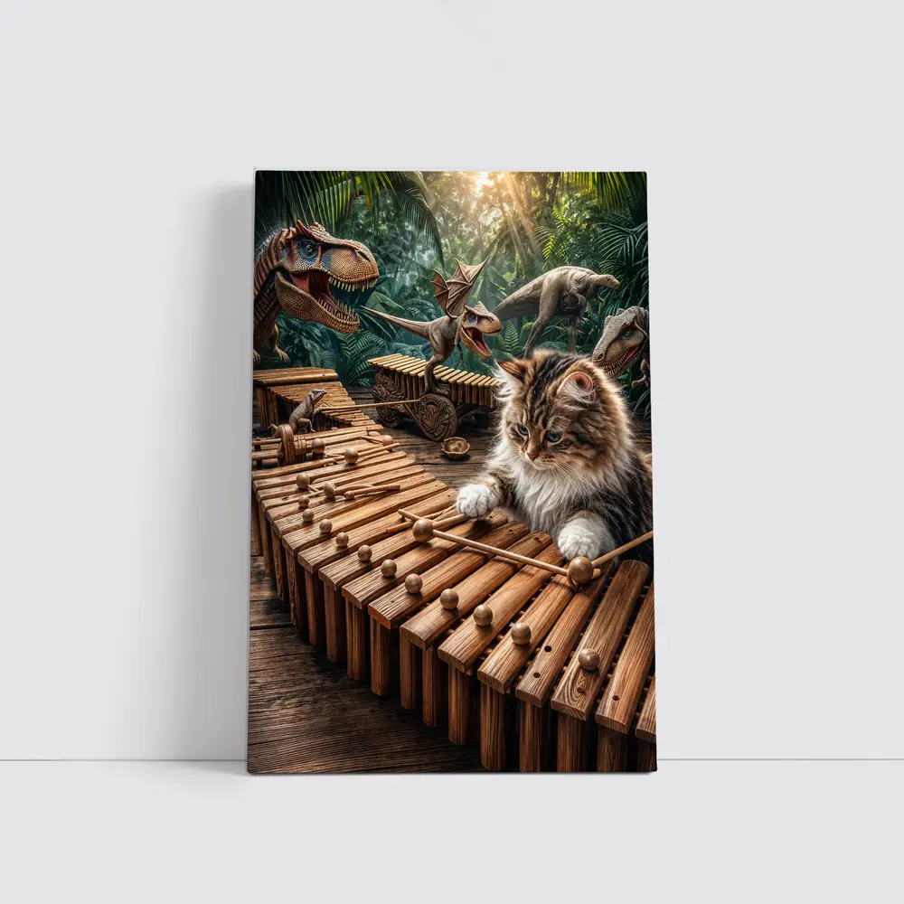 Fluffy Cat Playing Xylophone With Dinosaurs – Wall Art