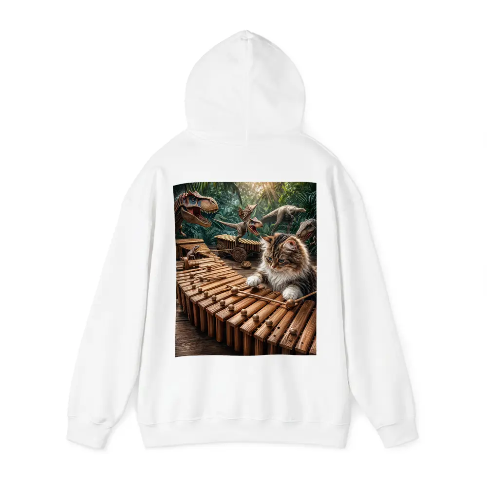 Fluffy Cat Playing Xylophone With Dinosaurs – Hoodies
