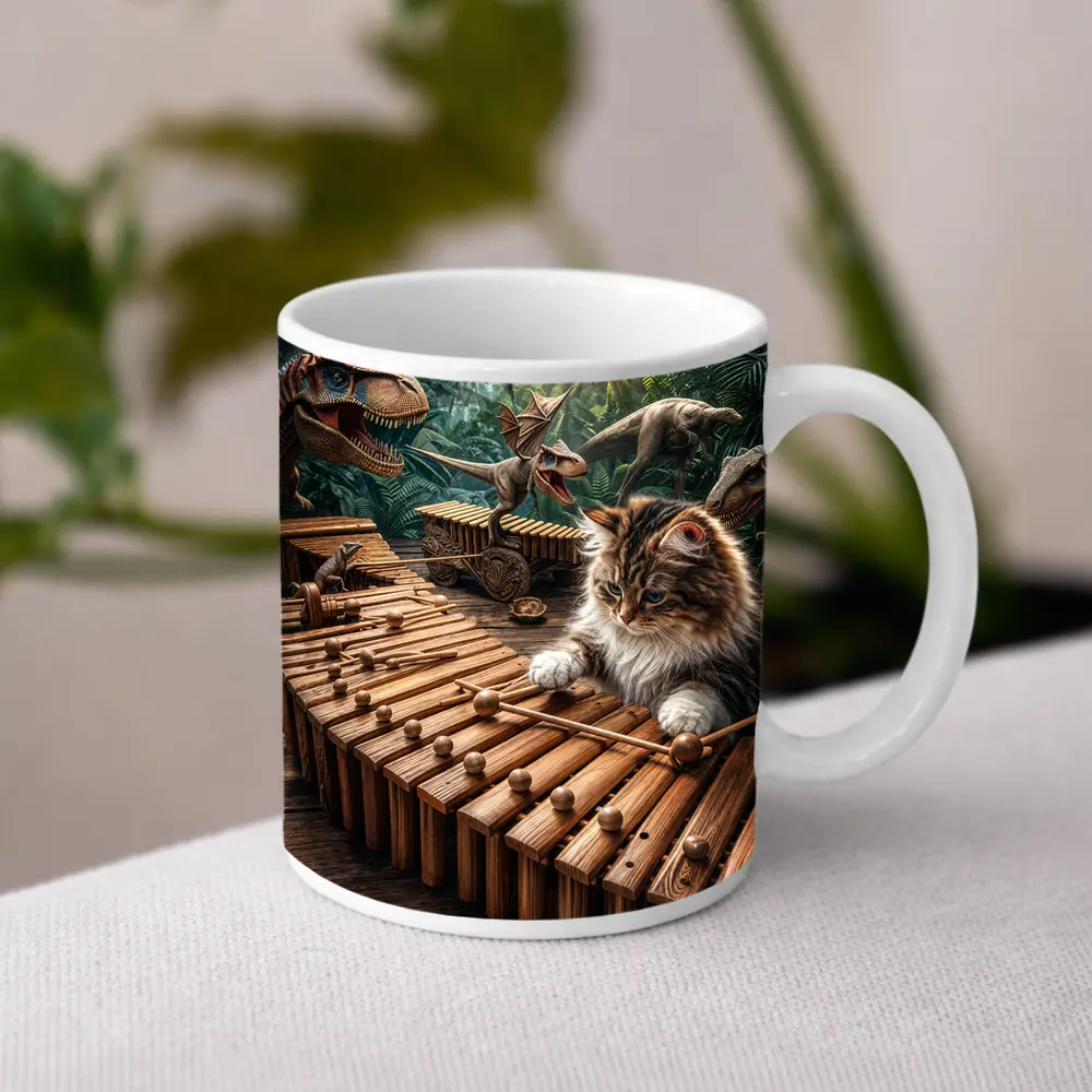 Fluffy Cat Playing Xylophone With Dinosaurs – Mugs