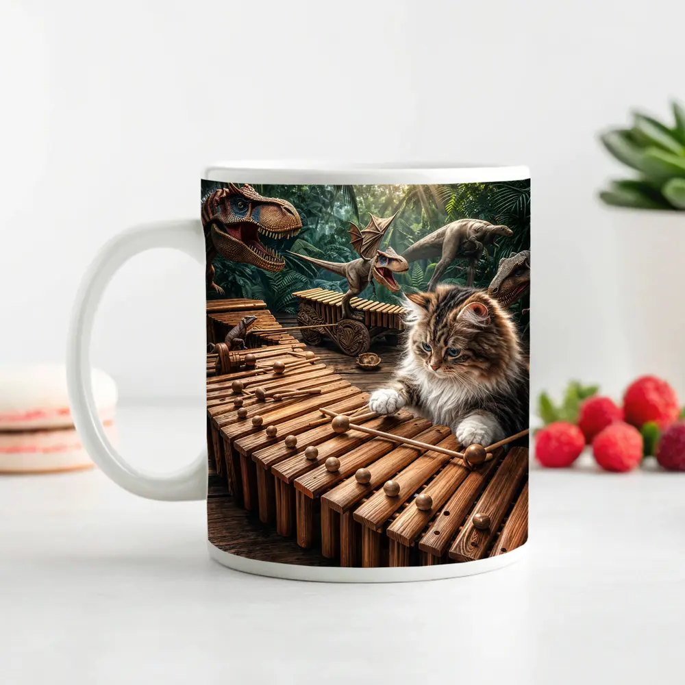 Fluffy Cat Playing Xylophone With Dinosaurs – Mugs
