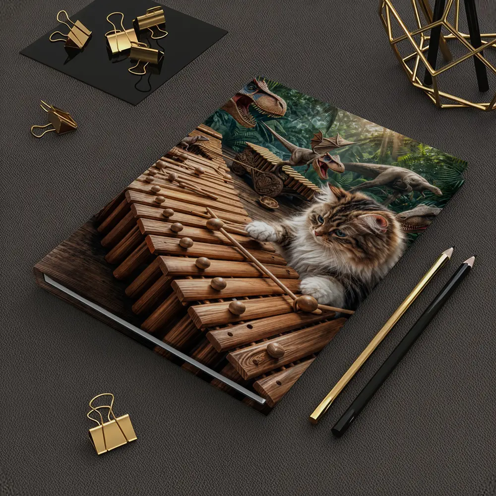 Fluffy Cat Playing Xylophone With Dinosaurs – Notebooks