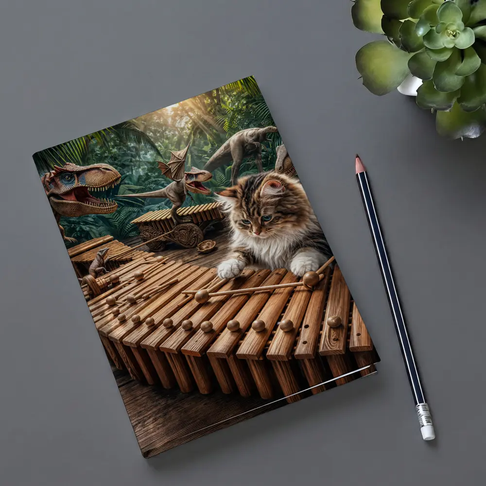 Fluffy Cat Playing Xylophone With Dinosaurs – Notebooks