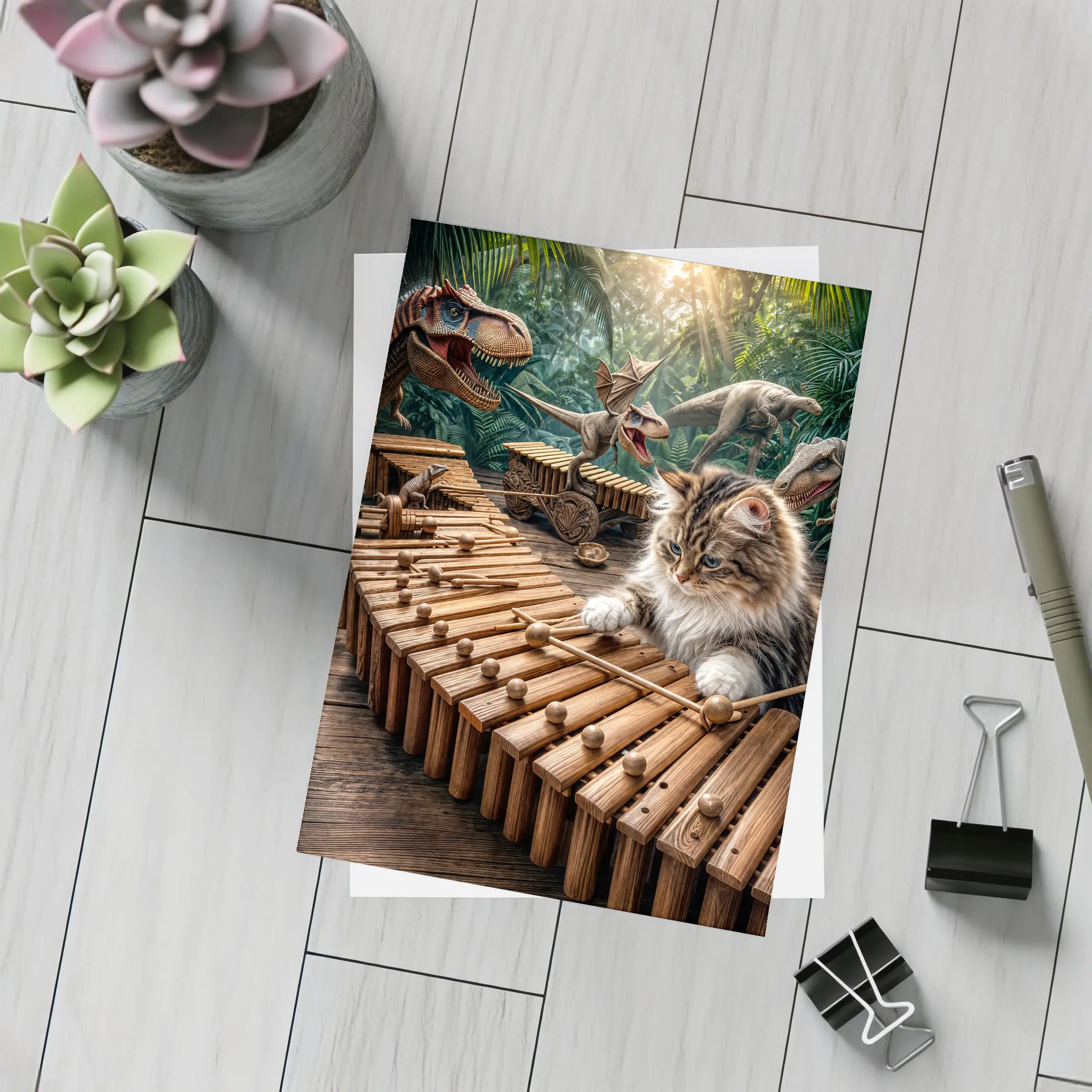 Fluffy Cat Playing Xylophone With Dinosaurs – Postcards
