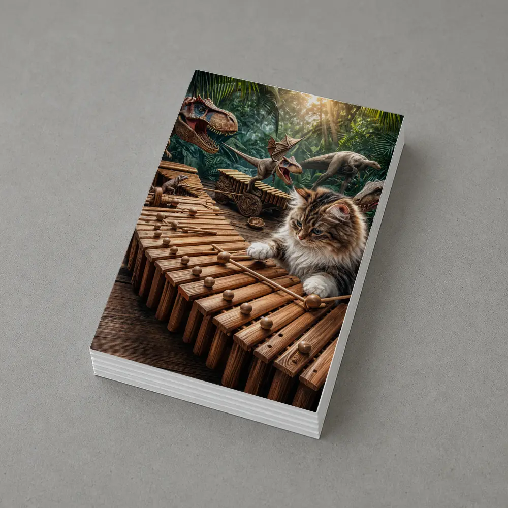 Fluffy Cat Playing Xylophone With Dinosaurs – Postcards