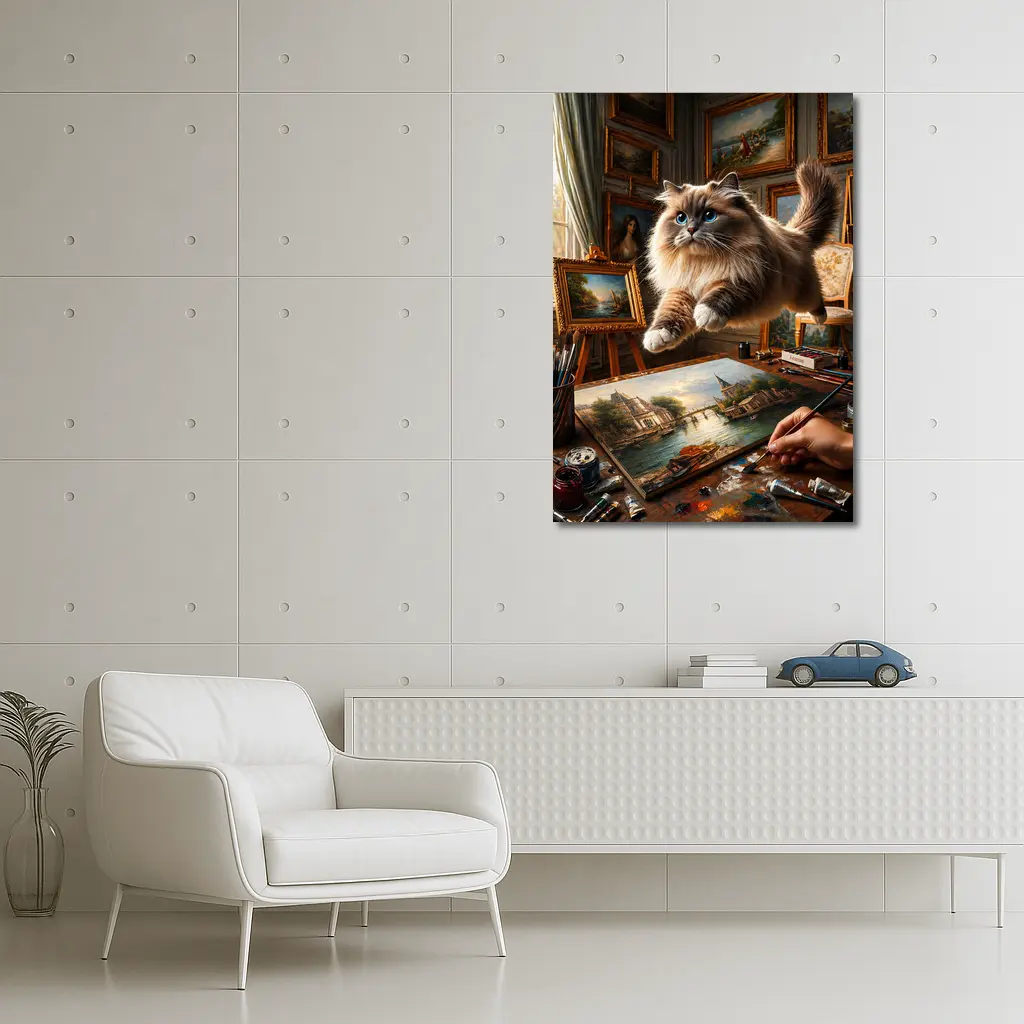 Ragdoll Cat Leaping Over Artist Studio Painting – Wall Art