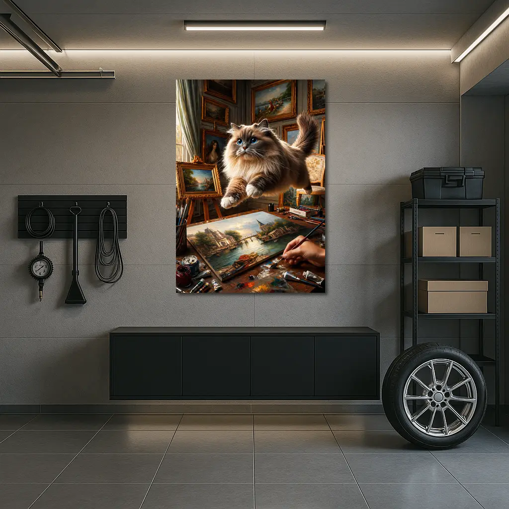Ragdoll Cat Leaping Over Artist Studio Painting – Wall Art
