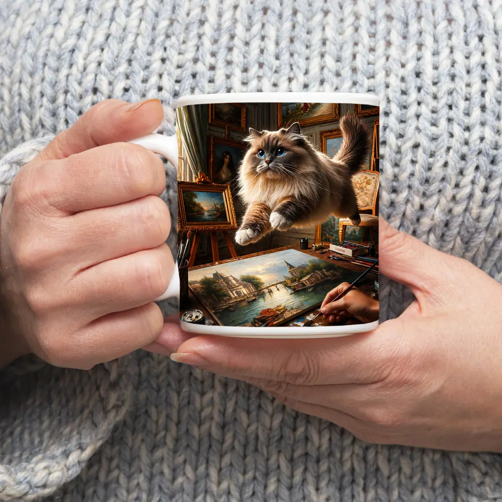 Ragdoll Cat Leaping Over Artist Studio Painting – Mugs