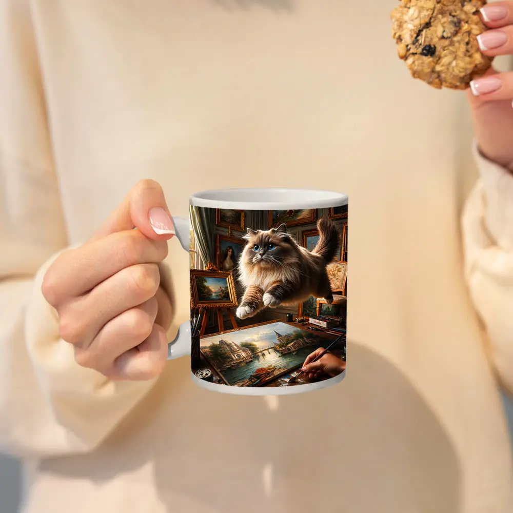 Ragdoll Cat Leaping Over Artist Studio Painting – Mugs