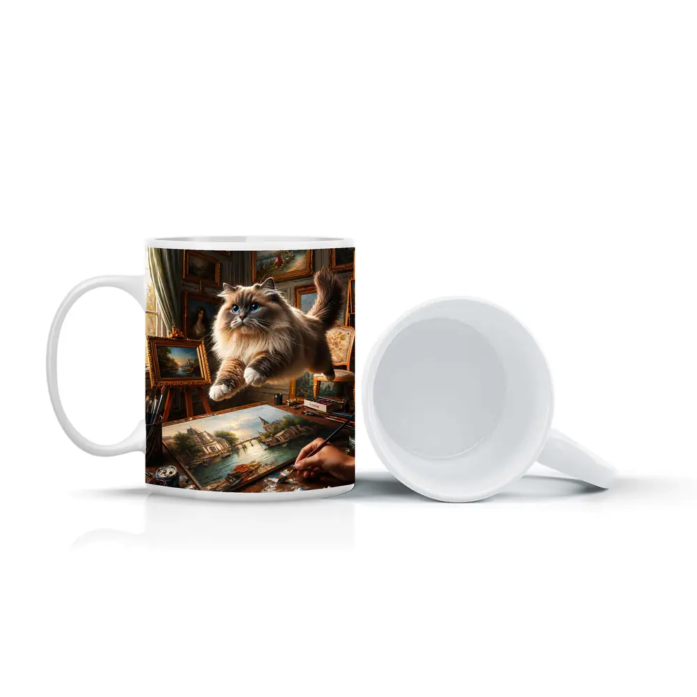 Ragdoll Cat Leaping Over Artist Studio Painting – Mugs