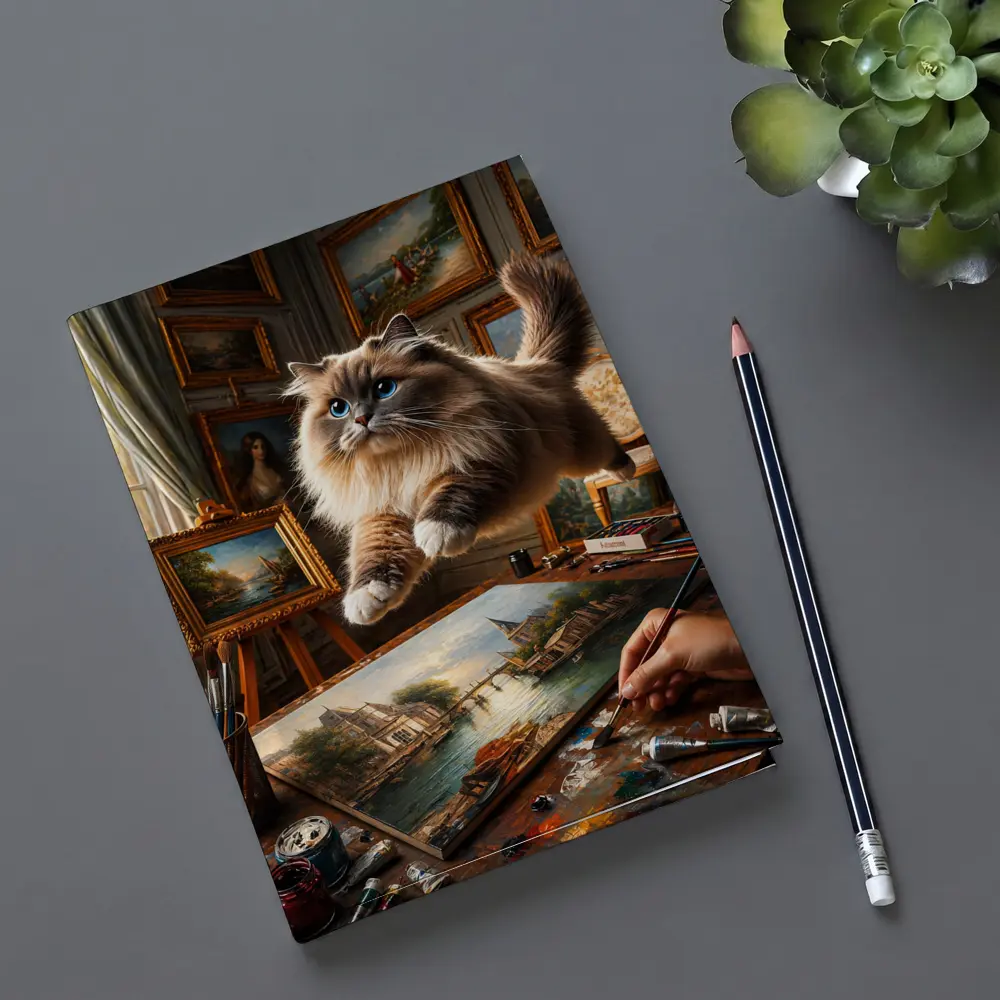 Ragdoll Cat Leaping Over Artist Studio Painting – Notebooks
