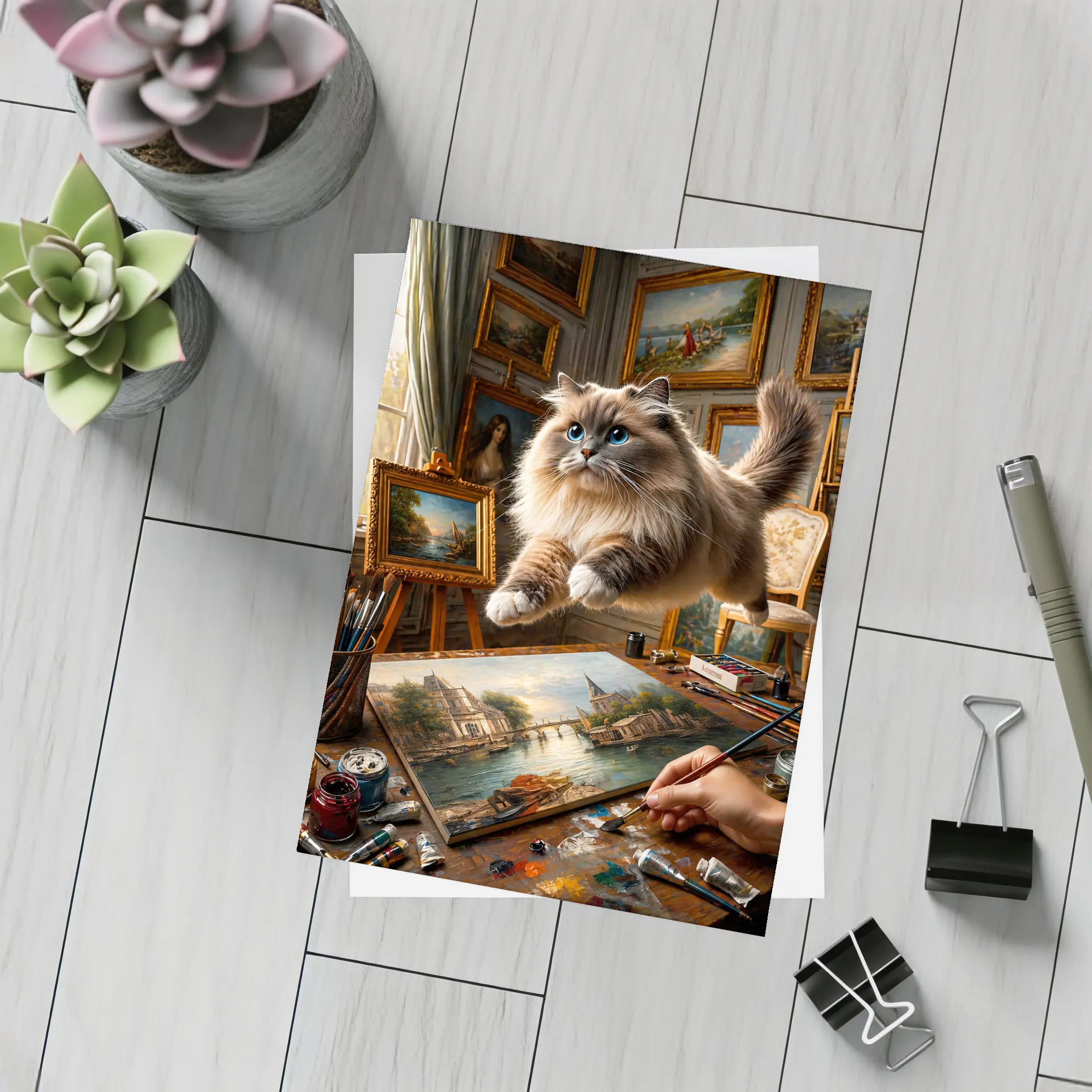 Ragdoll Cat Leaping Over Artist Studio Painting – Postcards