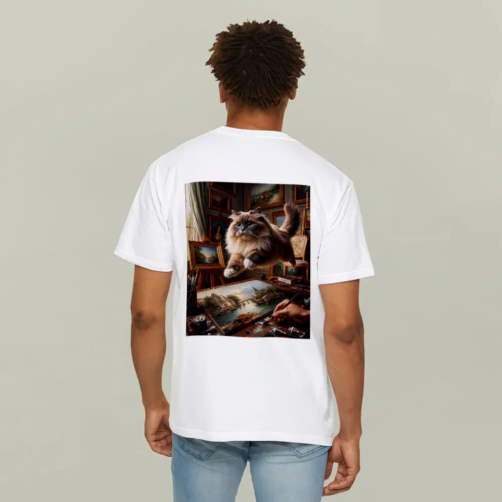 Ragdoll Cat Leaping Over Artist Studio Painting – T-Shirts