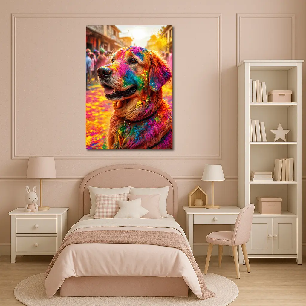 Golden Retriever Covered in Holi Festival Colors – Wall Art