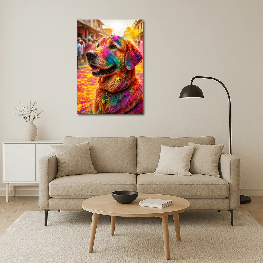 Golden Retriever Covered in Holi Festival Colors – Wall Art