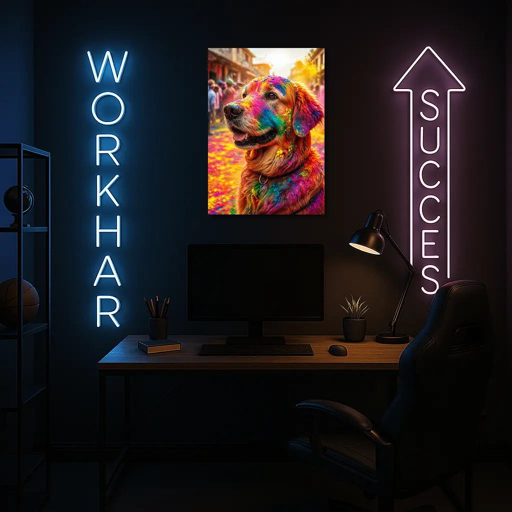 Golden Retriever Covered in Holi Festival Colors – Wall Art