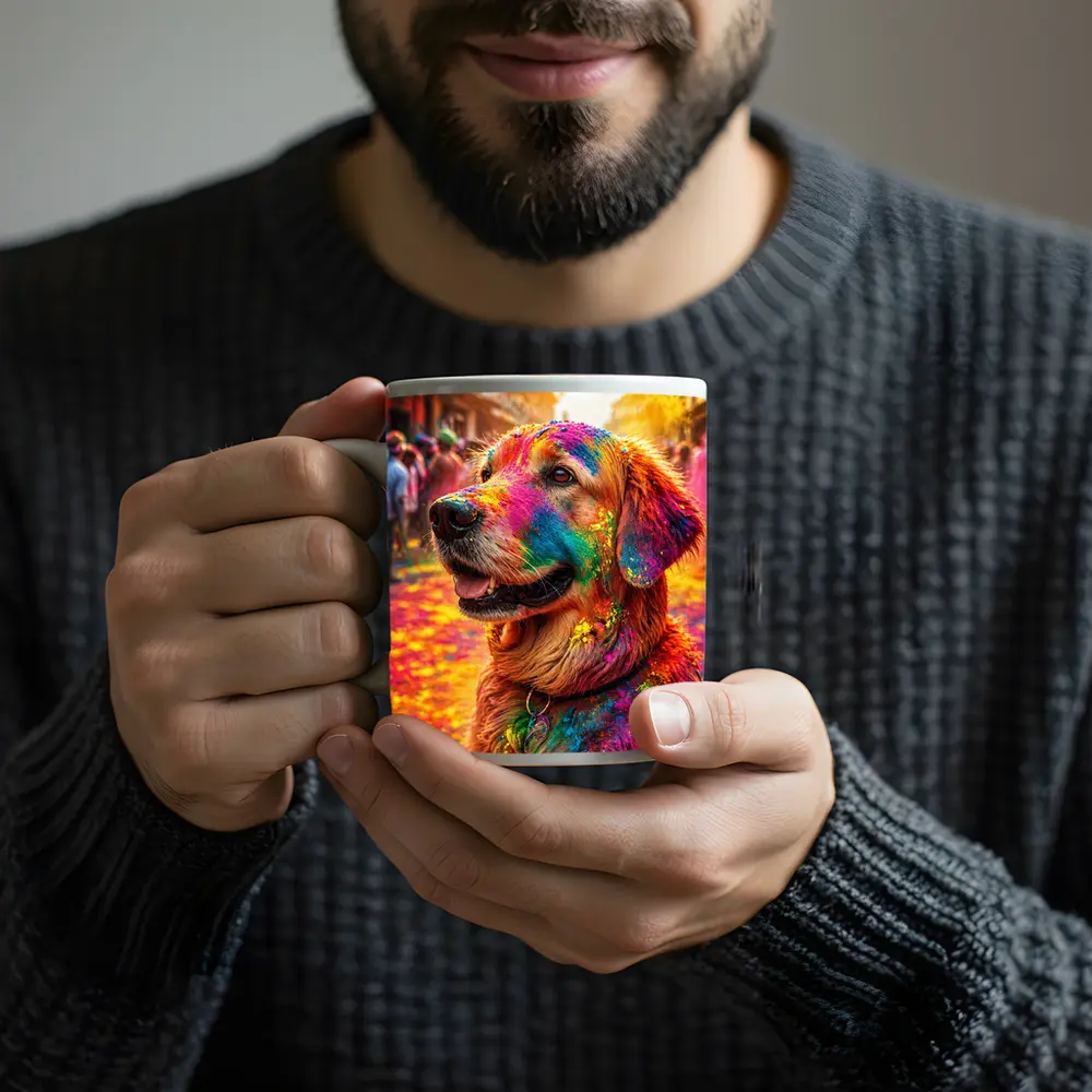 Golden Retriever Covered in Holi Festival Colors – Mugs
